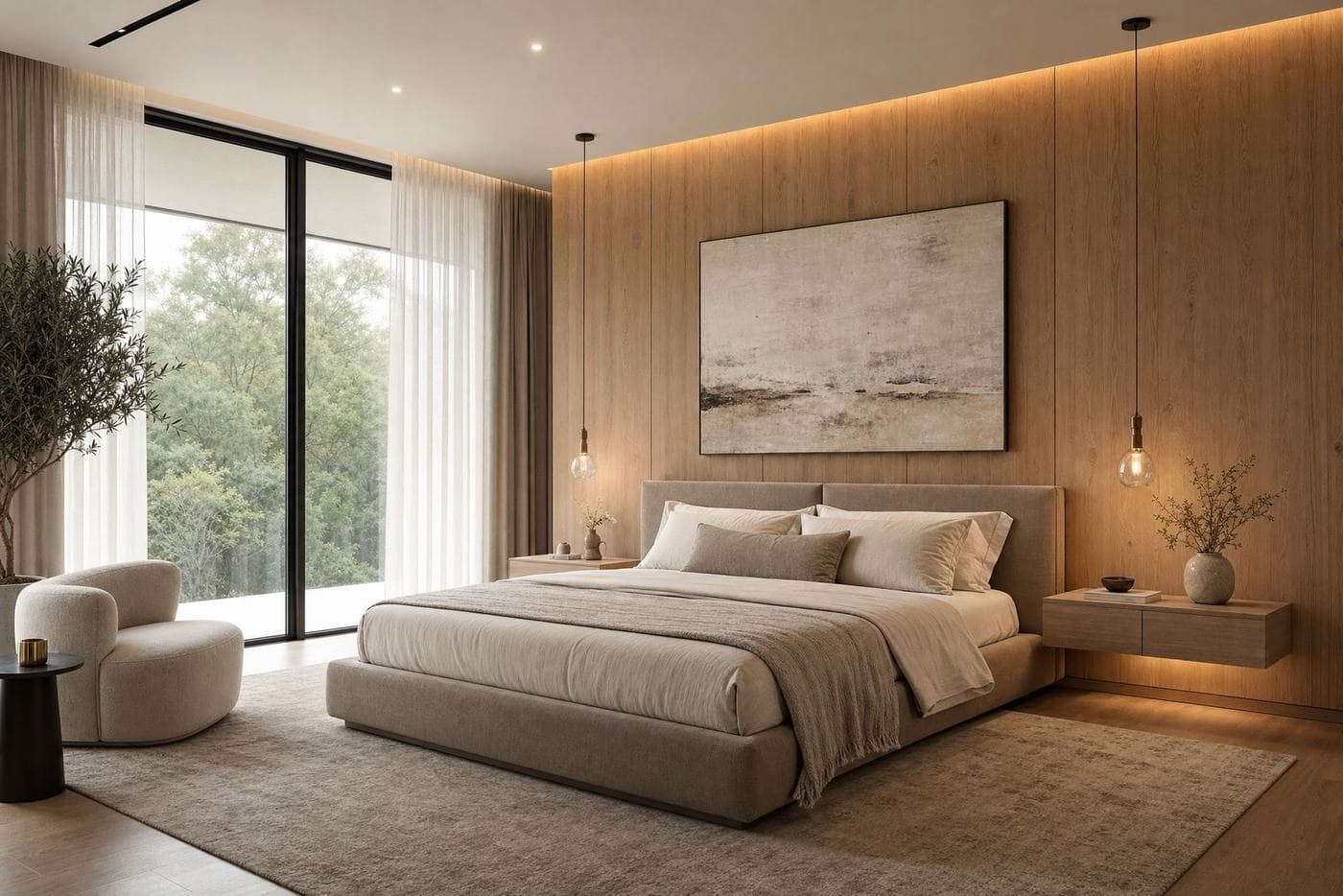 A bedroom with full-height windows and an oak-paneled wall