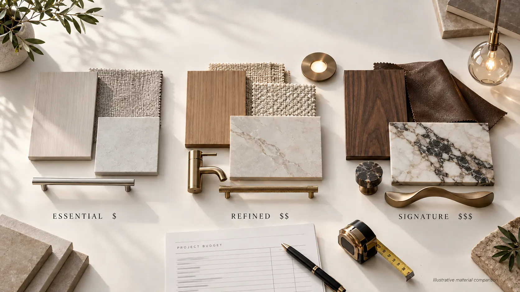 Material samples in three price tiers, Essential, Refined and Signature, with a project budget sheet and tape measure.