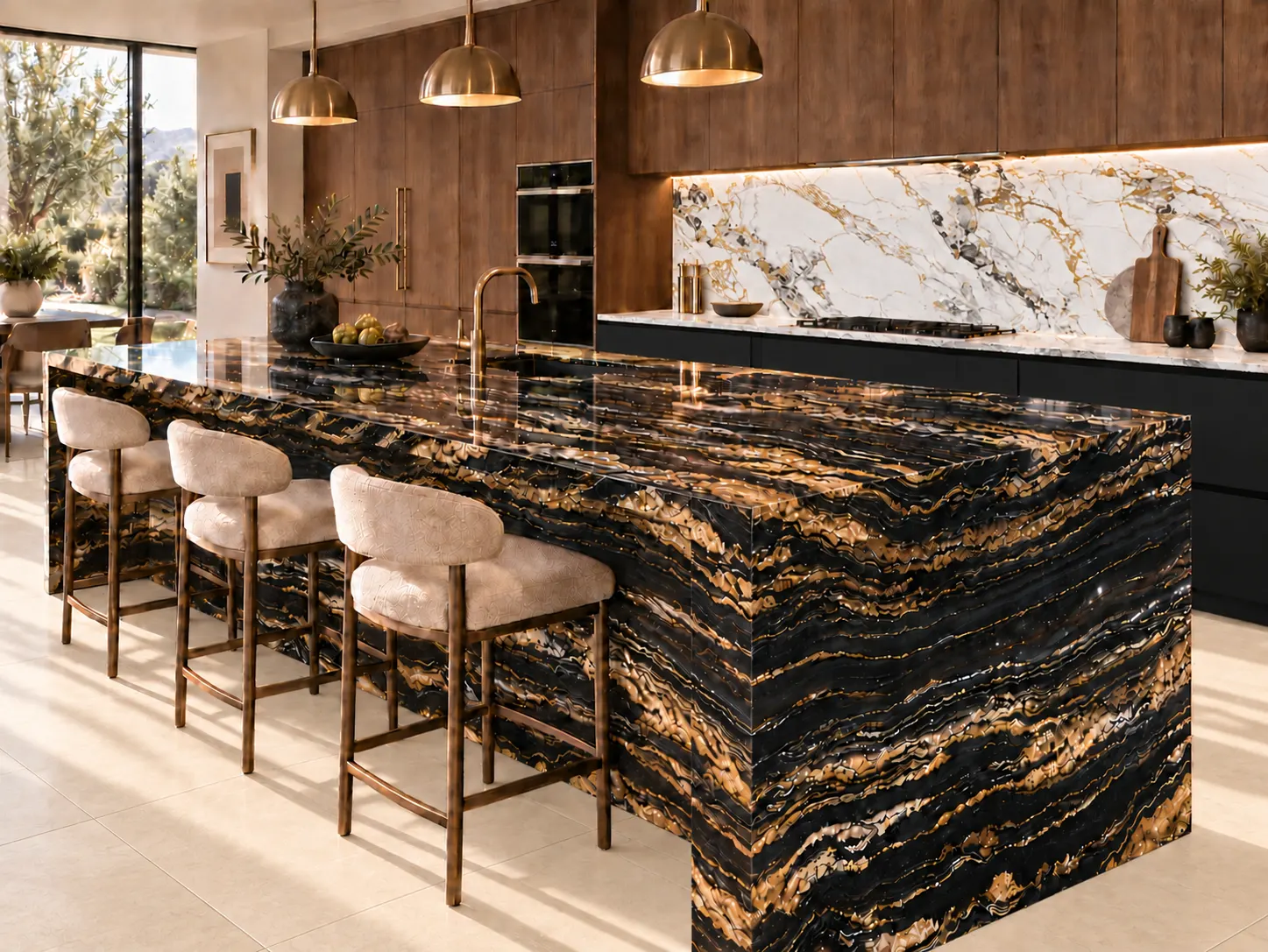 Close-up of a marble countertop edge beside a brass faucet